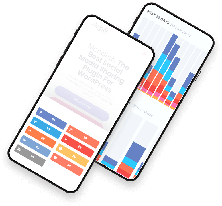 Two slightly tilted black phones displaying social media analytic data.