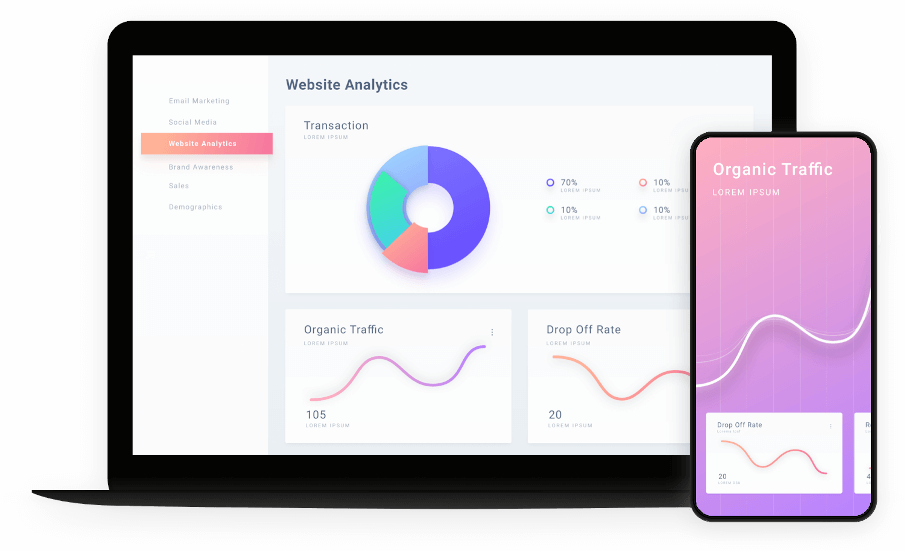 A black laptop and smartphone are displaying analytics from a website.